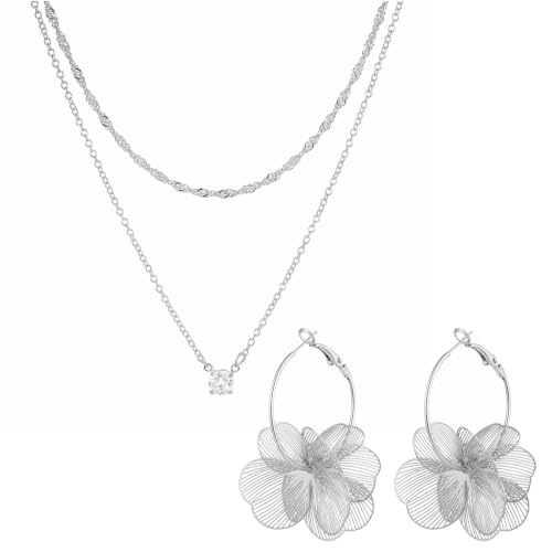 Collar doble de circonita y aretes de flores para lucir en cenas y eventos