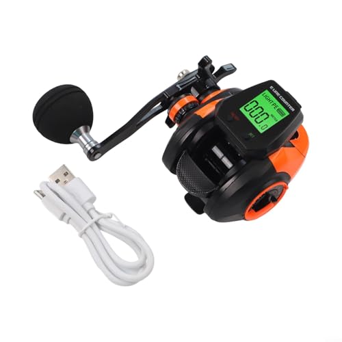 Jotekonoby Carrete de pesca de cebo con pantalla digital, alta velocidad 7.2:1, alarma de picadura de pescado, posicionamiento de profundidad, 10 frijoles magnéticos, carga USB (naranja izquierda)