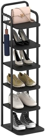 Hzuaneri Vertical Shoe Rack, Shoe Shelves, Wood Shoes Organizer for Closet, Entryway, Shoes Tower for Small Spaces, Freestanding, with 2 Hooks, Black,6 Tier(26.5Wcm) SR04204B