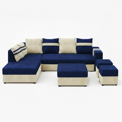 Image of Stova Luxe Velvet-Suede Fabric 8 Seater LHS L Shape Sofa Set | with 2 Ottoman & Centre Table| Comfortable & Spacious Seating | Modern Sofa Set for Living Room - Dark Blue & Cream