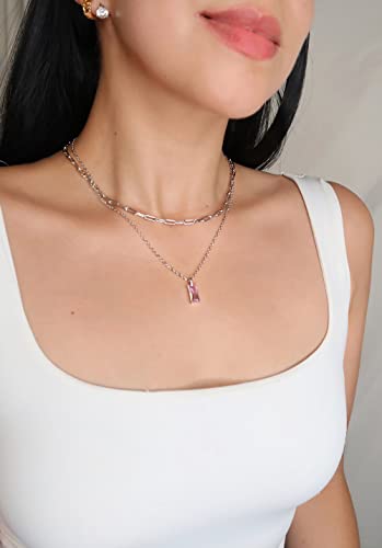 Vermeyen Layered Gold Choker Necklaces For Women 14K Gold Plated Silver Layering Paperclip Chain Link Necklaces Dainty Cute Trendy Pink Rectangle Pendant Necklace Set 2Pcs #TOP1
