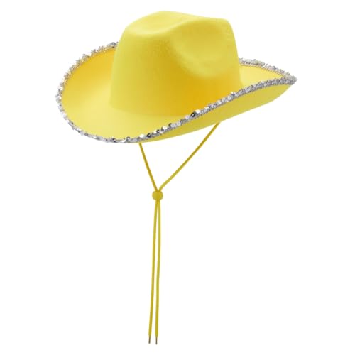 xbiez Wedding Party Cowgirl Hat for Bridal Women Wide Brim Cowboy Hat Fashion Music Festival Hat Glitter Edge Hat Costume Cap, Yellow, 5 1/8-5 3/8