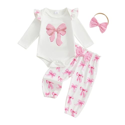 Newborn Baby Girl Fall Clothes Bow Print Ruffled Long Sleeve Romper Bodysuit Elastic Pants Set Cute Winter Outfits