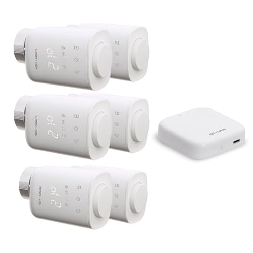 Xanlite - Pack Chauffage Connecté - 1 Passerelle KPAS01 + 6 Têtes Thermostatiques Connectées - Radiateurs Hydrauliques - Contrôle Intelligent - Blanc