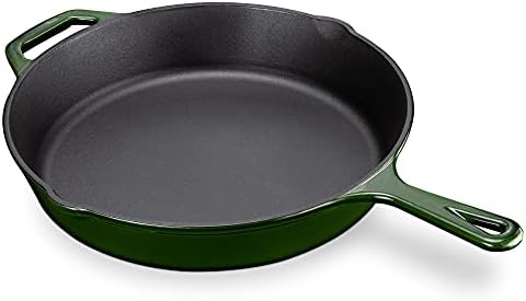 Navaris Cast Iron Flat Griddle Pan - Enamelled Cast Iron Cooking Pan for Frying Meat, Veg, Eggs - 30cm Round Skillet - Green