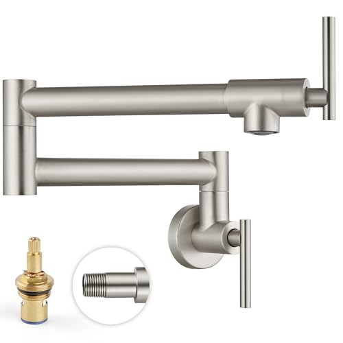Image of Brushed Nickel Pot Filler Wall Mount Kitchen Restaurant Sink Faucet Stainless Steel Stretchable Commercial Faucet with Folding Double Joint Swing Arm Single Hole Two Handles