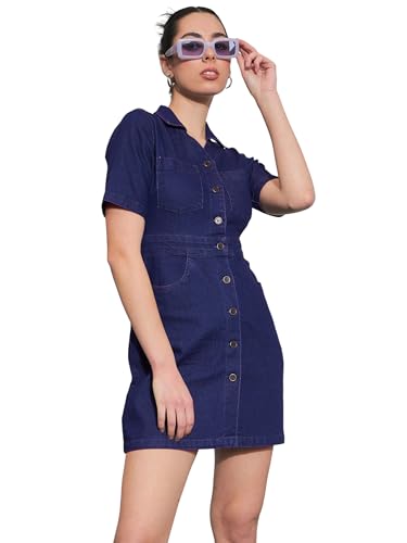 Image of Sassafras Women's Mini Short Sleeves Blast Denim Front Button - Casual Streetwear Denim Dress