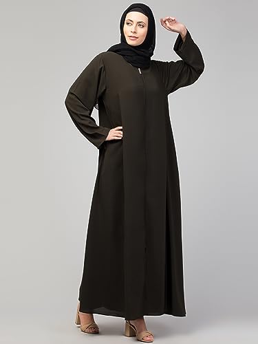 Image of Mallika Women Modest Wear Nida Matt Front Open Zipper Abaya Burkha for Everyday use (Olive, XL)