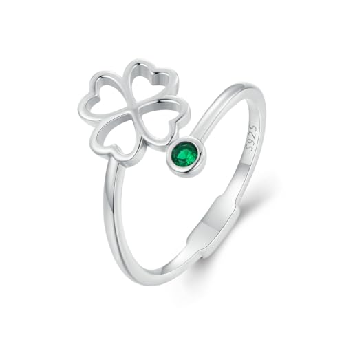 Luck Four Leaf Clover Stacking Statement Ring 925 Sterling Silver Adjustable Ring for Women Green Emerald Crystal Cute Heart Love Irish Shamrock Flower Open Wrap Finger Rings Birthday St Patricks Day (Silver)
