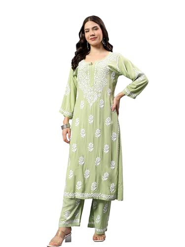 Image of Seva Chikan Hand Embroidered Lucknowi Chikankari Rayon Kurta and Palazzo Set SCL8037