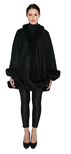 Cape,Capes,Cashmere Cape With Fox Trim All Around From Cashmere Pashmina Group- Black #TOP1