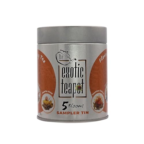 The Exotic Teapot – Flowering Tea Sampler Tin, 5 Assorted Flower Blooms, Jasmine, Fruity Flavours