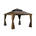 12'x12' Hardtop Gazebo, Wooden Coated Aluminum Frame Canopy with Galvanized Steel Double Roof, Outdoor Permanent Metal Pavilion with Curtains and Netting for Patio, Deck and Lawn(Wood-Looking)