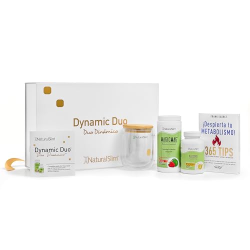 NaturalSlim Dynamic Duo - Juego de regalo MagicMag Magnesio en polvo, tapas de potasio Kadsorb, libro Despierta tu Metabolismo!, taza de vidrio doble y caja de regalo premium con folleto informativo