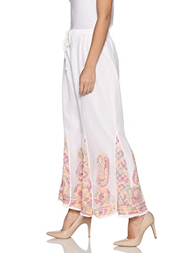 Women Palazzo Pants Chikankari High Waist Wide Leg Casual Lounge Boho Beach Trousers Georgette White2