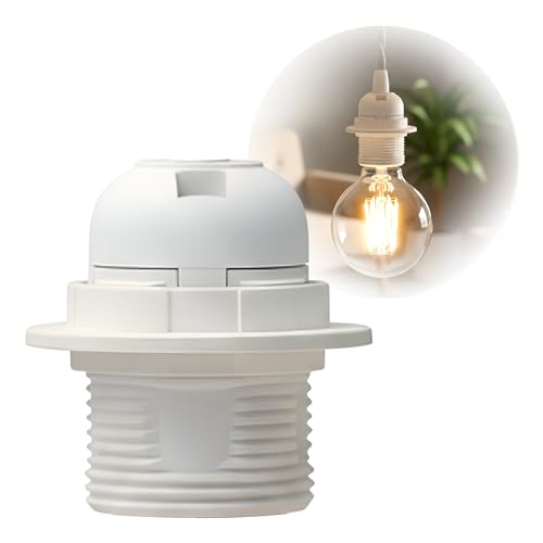 IP44 Rainproof Outdoor E27 Lamp Holder with Cable Connector Waterproof Pendant Light Fitting – UK Weatherproof Black & White Plastic Bulb Socket (White PCS 1)