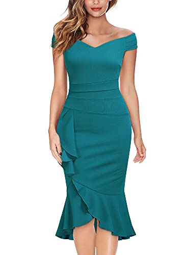 Knitee Women s Off Shoulder V-Neck Ruffle Pleat Waist Bodycon Evening Cocktail Slit Formal Dress,Large,Acid Blue