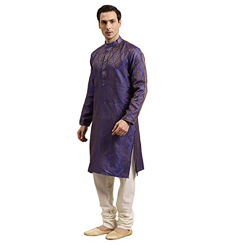 Image of Sojanya (Since 1958 Men'S Cotton Linen Blue Foil Printed Only Long Kurta
