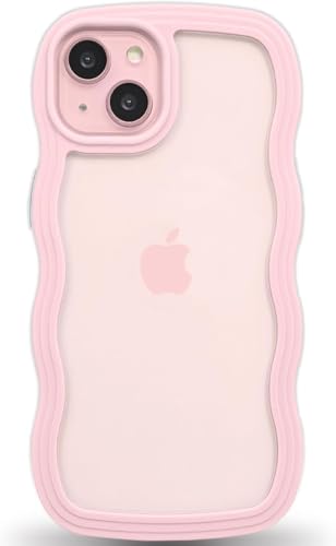 Image of GoldKart iPhone 15 Case Wavy Edge Clear Back Design, Anti-Slip Grip Cute Wave Curly Frame Shape Shockproof Soft TPU & Hard PC Bumper Protective Phone Case Cover for Women Girls - Pink