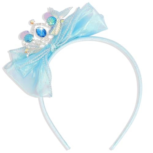 KICOSY Diadema azul con lazo de sirena, corona de princesa, diadema con lazo brillante para niñas, accesorios para el cabello de sirena