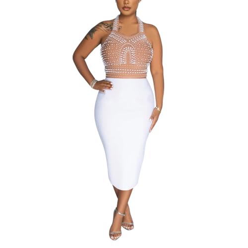 GHAKKE Frauen Sexy Neckholder Perle Verziert Nachtclub Kleid Mode Spleißen Hohe Taille Backless Bodycon Midi Party Kleid (Color : White, Size :...