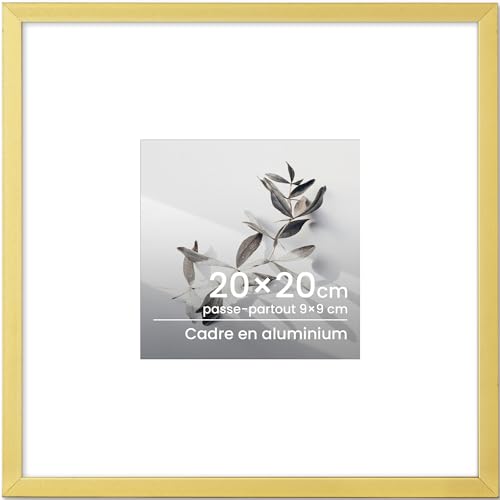 Cadre photo doré 20 x 20 cm en aluminium cadre 20 par 20 cadre photo carré sans passe-partout ou 9 x 9 cm avec passe-partout cadre en métal avec verre trempé pour photos, collage, décoration de