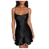 LUNULE Schwarzes Kleid Damen Neckholder Kleid Sommerkleider Damenfrauen Einfarbig Satin SpaghettiträGer V-Ausschnitt RüCkenfrei Slim Minikleid Elegant ÄRmellos Hawaii Kleid (Schwarz, S)
