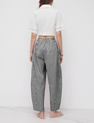 Yeokou Women Wide Leg Pants Casual Striped Cotton Mid Rise Drawstring Palazzo Trousers with Pockets3