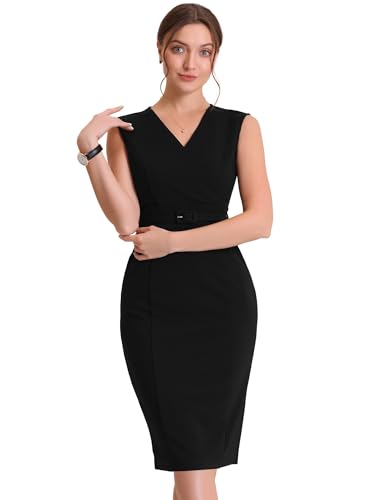 Image of Allegra K Business Dress for Women's Pencil Sheath Work Dress | V Neck Knee-Length Sleeveless Dress With Belted
