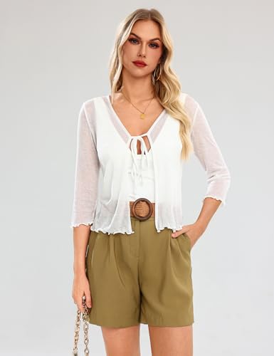 Image of Aiboria Womens 3 /4 Sleeve Shrug Lightweight Bolero Tie Front Cropped Cardigan White