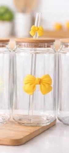 Image of Glass tumblers with Decorative Bow on The Tumbler and Straw (Yellow)