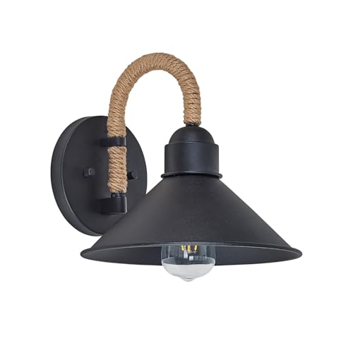 Indoor Outdoor Wall Sconce with Hemp Rope, Matte Black Vintage Porch Light, 10 Inch Modern Farmhouse...