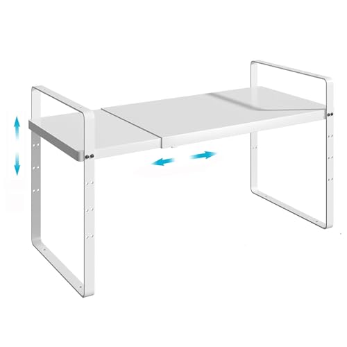 iPEGTOP Expandable Cabinet Storage Shelf Organizer Rack, Heavy Duty Steel Metal Spice Rack Adjustable Height Pantry Garage Shelf Space Riser for Counter Kitchen Organization, White, 1 Pack