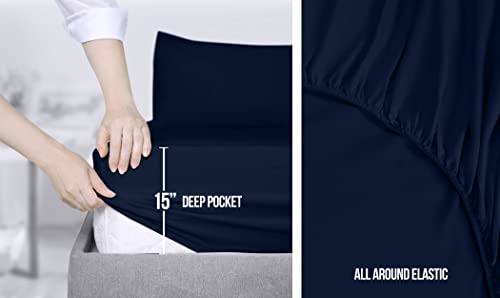 Utopia Bedding Queen Sheet Set – Soft Microfiber 4 Piece Luxury Bed Sheets With Deep Pockets - Embroidered Pillow Cases - Side Storage Pocket Fitted Sheet - Flat Sheet (Navy) #TOP4