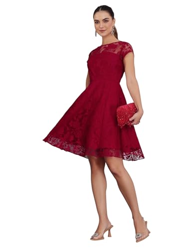 Image of Miss Chase Women's Round Neck Sleeveless Floral Ruffled GatheKnee-Long Skater Dress
