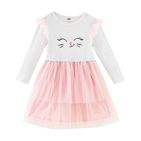 Qiraoxy Baby Mädchen Kleid niedliche Katze Langarm Rüschen gerippt Tüll Kleid Kleinkind Mädchen gestrickt Kleid Prinzessin Kleid süßes kleines Mädchen Kleid Cover