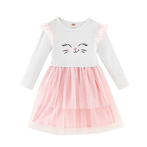 Qiraoxy Baby Mädchen Kleid niedliche Katze Langarm Rüschen gerippt Tüll...