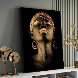 Retrato africano con labios dorados, lienzo negro y oro de 21x30cm 2