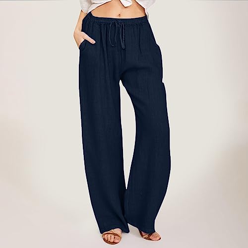 Cotton Linen Pants Women Drawstring Waist Wide Leg Lounge Pants Casual Loose Fit Lightweight Fall Fashion Trousers2