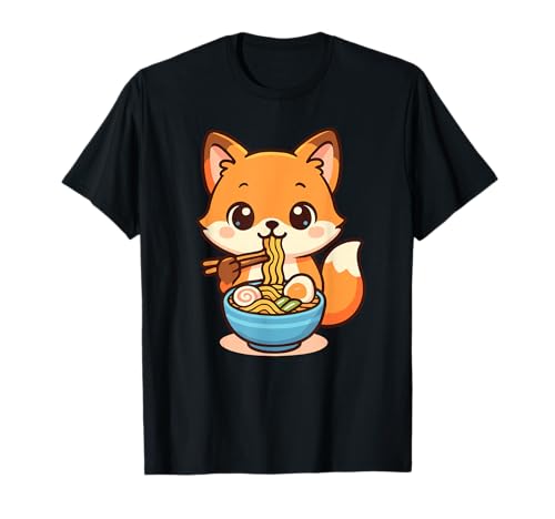Fox Mangiare Ramen Noodles Kawaii Carino Divertente Maglietta
