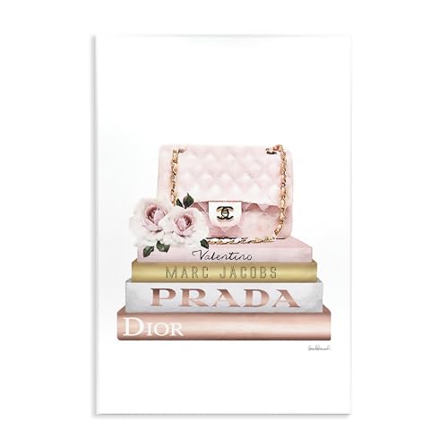 Image of 'Pink Purse Gold Bookstack'| Wall Plaque Art | Stupell Industries | 13 x 19 Inches, Easy to Hang and Sturdy, Made in USA, by Amanda Greenwood