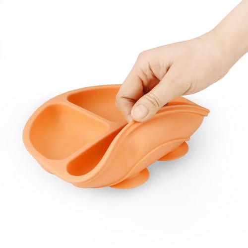 Image of PandaEar 3 Pack Toddler Plates, Silicone Divided Suction Plate for Babies, BPA-Free 100% Food-Grade Silicone Unbreakable Baby Plate (Orange)