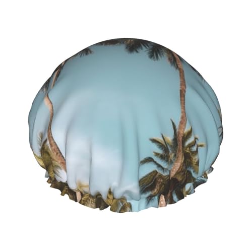 Gorro de ducha alto con palmeras tropicales para mujeres y hombres, grande, reutilizable, doble capa, impermeable, banda elástica, sombrero para todos los peinados, apto para viajes