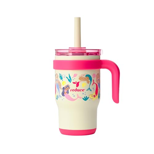 REDUCE 14 Oz Coldee Kids Tumbler with Lid and Straw - Coldee Insulated Travel Mug - Spill-Proof, Sweatproof Stainless Steel, BPA-Free - Includes Handle, Reusable Silicone Straw - Pink Mermaid -  13678