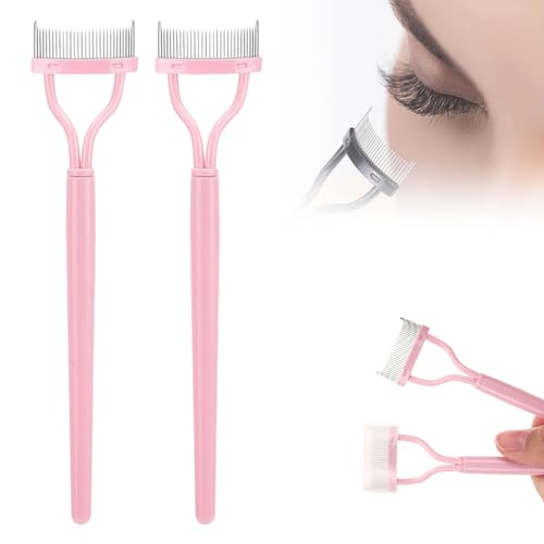 Eyelash Comb Eyelash Separator Tool, Arc Designed Eyelash Comb Separator, Eyelash Brush Separator With Metal Teeth Eyelashes Grooming Tool for Eye Cosmetic Brush Tool (Pink, 2pcs)