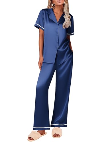 Ekouaer Women's Silk Pajamas Set Short Sleeve Satin Pjs 2 Piece Soft Loungewear with Pants Button Down Sleepwear,Navy Blue,S
