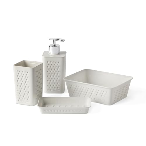 Dimensioni: bicchiere 6,5 x 6,5 x 6,5 x 11 cm; dispenser per sapone 7 x 6,5 x 16 cm; portasapone 14 x 8,5 x 2 cm e organizer 12,5 x 16,5 x 5,5 x 5,5 cm