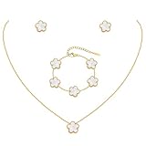 Gold Necklaces Bracelets Earring Set - 18K Gold Plated Flower Bracelet Chain,Stainless Steel Non Tarnish Floral Pendant Stud Jewelry Sets,Christmas Birthday Lucky Gift for Mom Wife Daughter Girlfriend