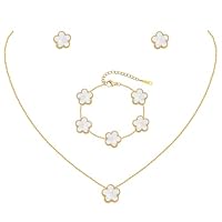 Gold Necklaces Bracelets Earring Set - 18K Gold Plated Flower Bracelet Chain,Stainless Steel Non Tarnish Floral Pendant Stud Jewelry Sets,Christmas Birthday Lucky Gift for Mom Wife Daughter Girlfriend