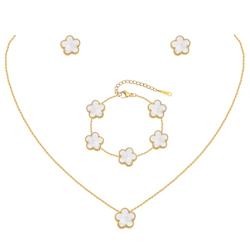 Gold Necklaces Bracelets Earring Set - 18K Gold Plated Flower Bracelet Chain,Stainless Steel Non Tarnish Floral Pendant Stud Jewelry Sets,Christmas Birthday Lucky Gift for Mom Wife Daughter Girlfriend
